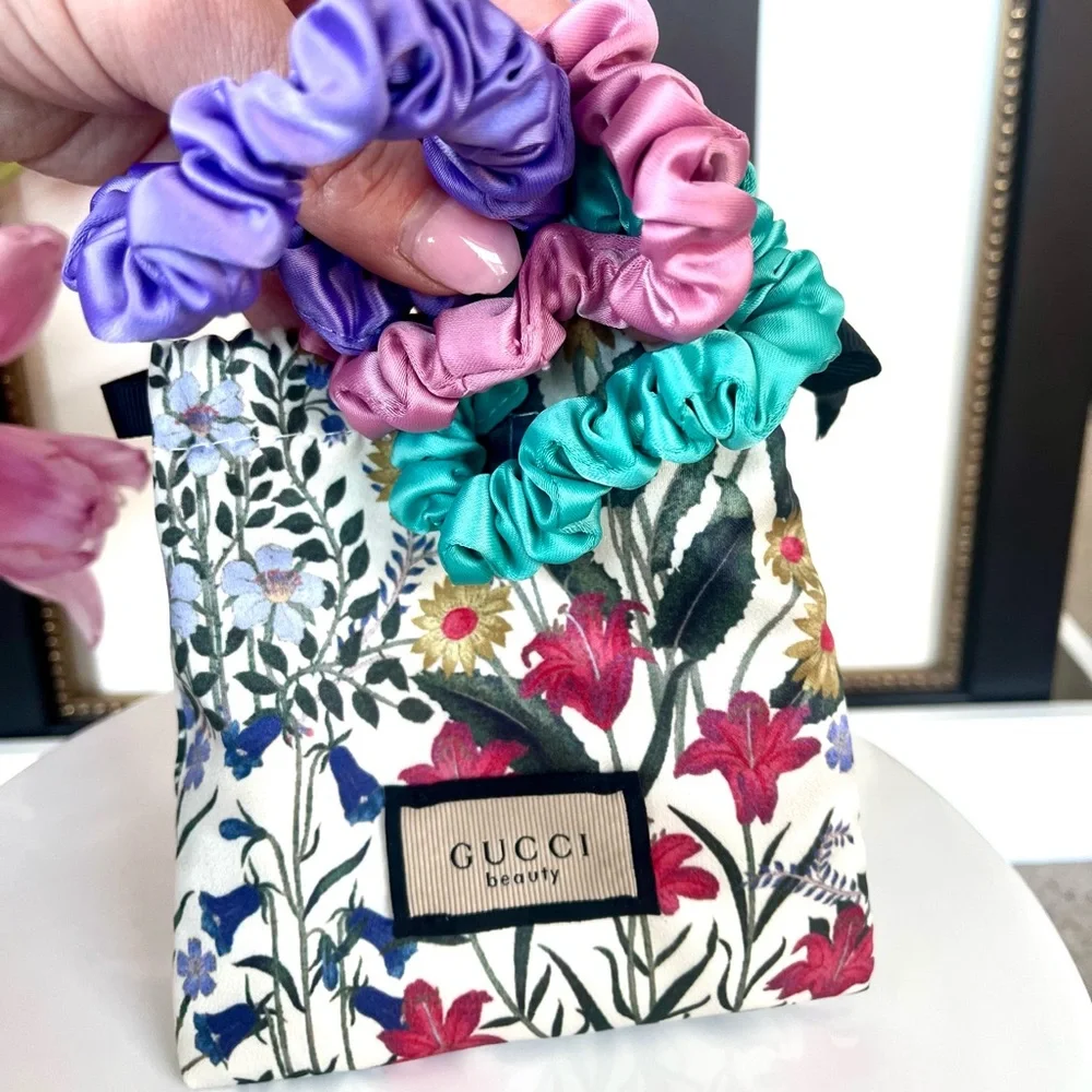 Gucci Satin Scrunchie Set in Purple, Pink, Turquoise